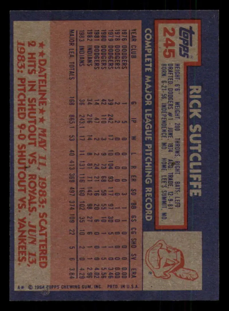 1984 Topps #245 Rick Sutcliffe EX Excellent Cleveland Indians Baseball Card - Baseball Card Single