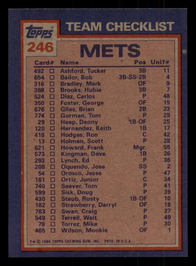 1984 Topps #246 Mookie Wilson/Tom Seaver EX Excellent New York Mets Baseball Card - Baseball Card Single