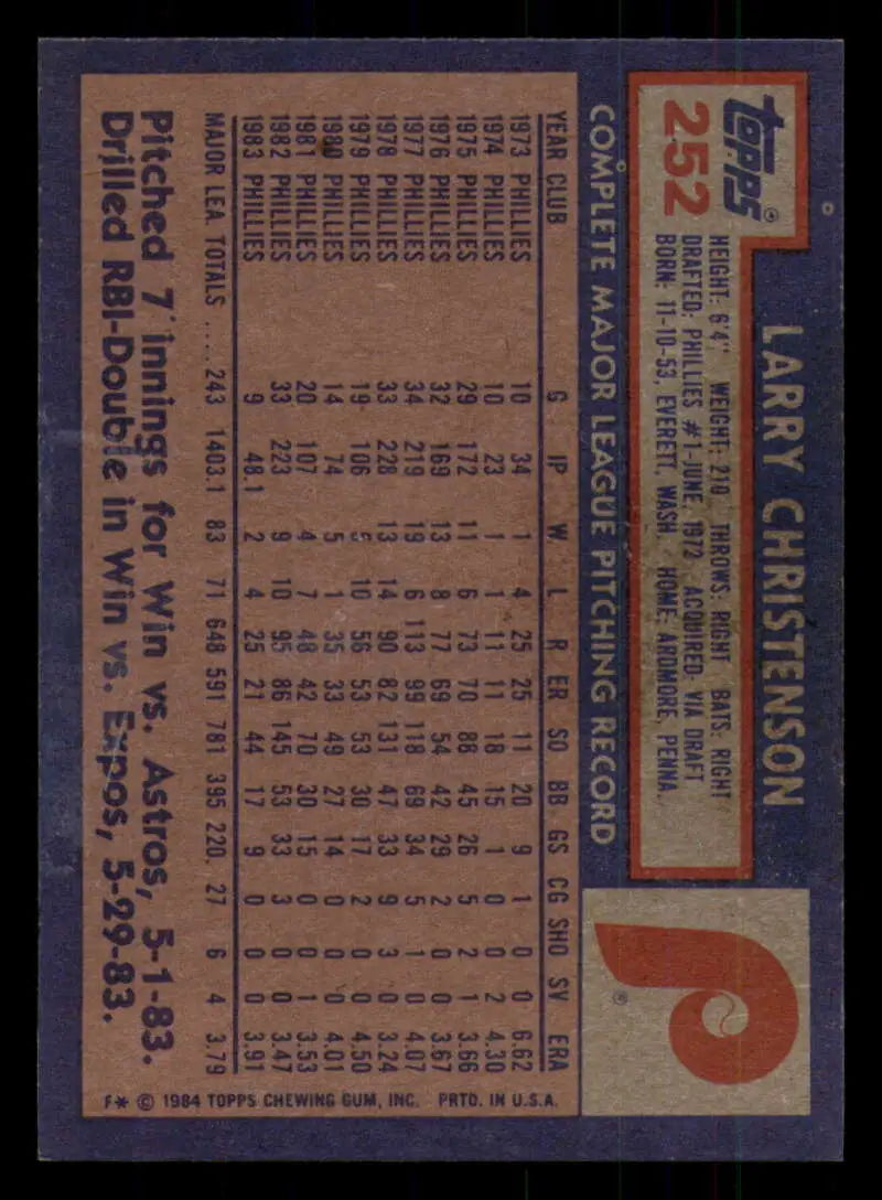 1984 Topps #252 Larry Christenson EX Excellent Philadelphia Phillies Baseball Card - Baseball Card Single
