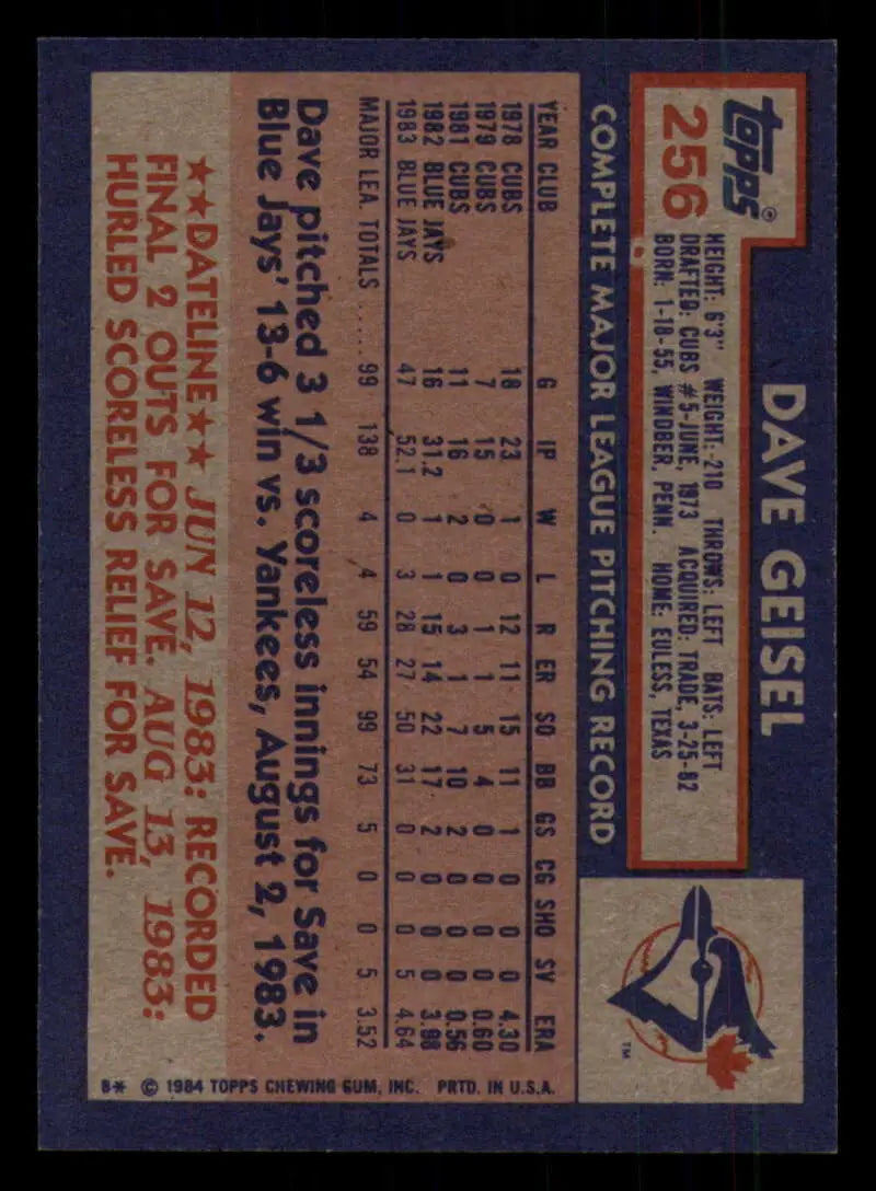 1984 Topps #256 Dave Geisel EX Excellent Toronto Blue Jays Baseball Card - Baseball Card Single