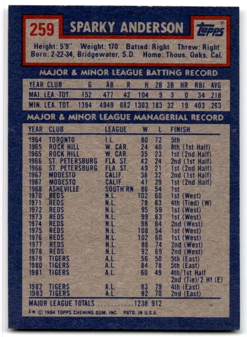 1984 Topps #259 Sparky Anderson EX Excellent Detroit Tigers Baseball Card - Baseball Card Single