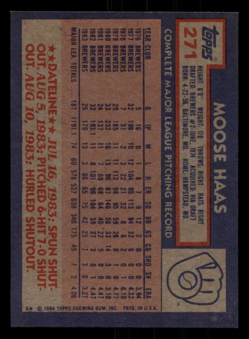 1984 Topps #271 Moose Haas EX Excellent Milwaukee Brewers Baseball Card - Baseball Card Single