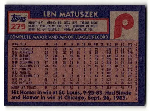 Original gloss Len Matuszek Phillies baseball card from 1984 Topps #275