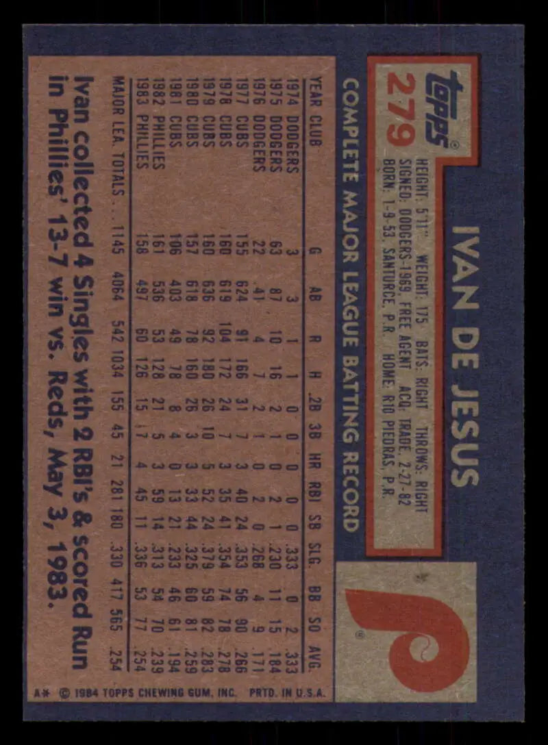 1984 Topps #279 Ivan DeJesus EX Excellent Philadelphia Phillies Baseball Card - Baseball Card Single