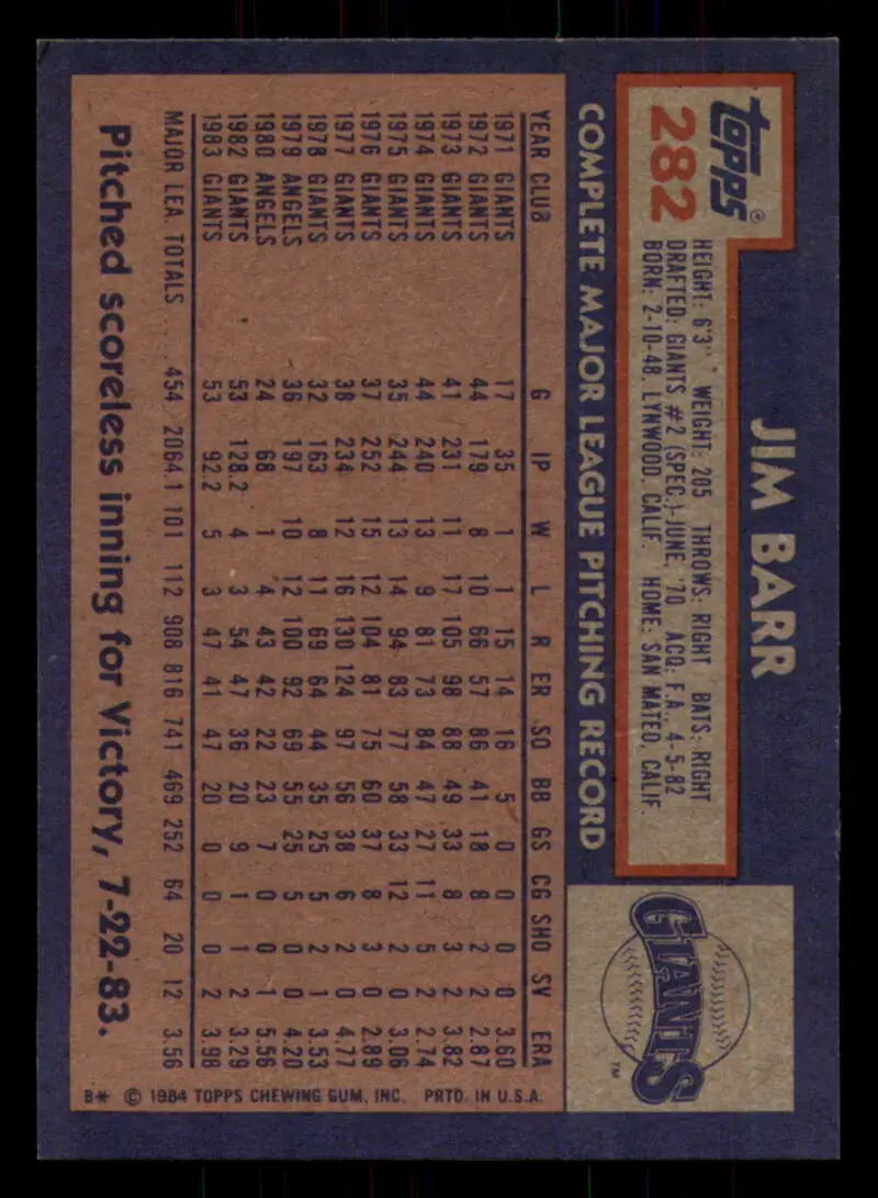 1984 Topps #282 Jim Barr EX Excellent San Francisco Giants Baseball Card - Baseball Card Single