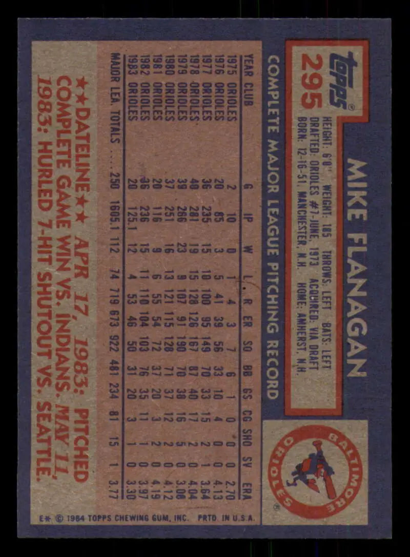 1984 Topps #295 Mike Flanagan EX Excellent Baltimore Orioles Baseball Card - Baseball Card Single