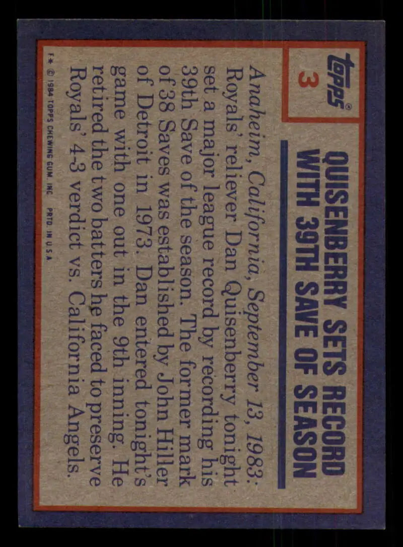 1984 Topps #3 Dan Quisenberry EX Excellent Kansas City Royals Baseball Card - Baseball Card Single