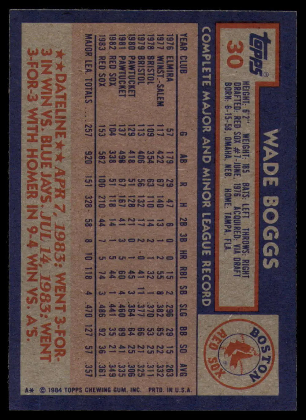1984 Topps #30 Wade Boggs EX Excellent Boston Red Sox Baseball Card - Baseball Card Single