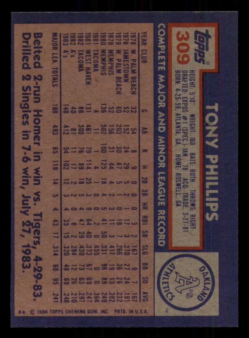 1984 Topps #309 Tony Phillips EX Excellent RC Rookie Oakland Athletics Baseball Card - Baseball Card Single