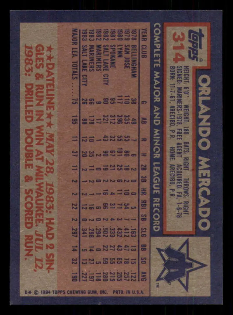 1984 Topps #314 Orlando Mercado EX Excellent RC Rookie Seattle Mariners Baseball Card - Baseball Card Single