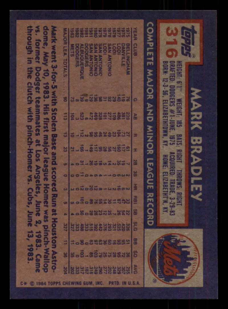 1984 Topps #316 Mark Bradley EX Excellent RC Rookie New York Mets Baseball Card - Baseball Card Single