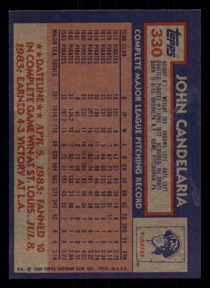 1984 Topps #330 John Candelaria EX Excellent Pittsburgh Pirates Baseball Card - Baseball Card Single