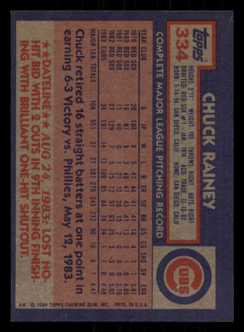 1984 Topps #334 Chuck Rainey EX Excellent Chicago Cubs Baseball Card - Baseball Card Single