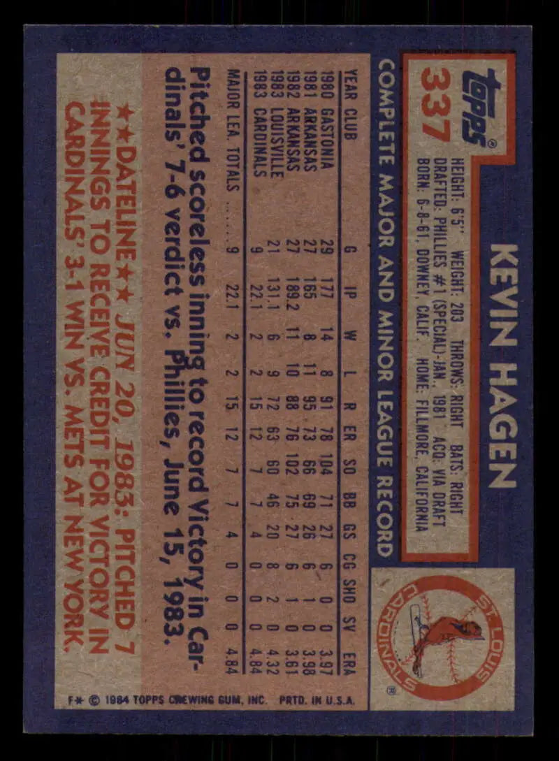 1984 Topps #337 Kevin Hagen EX Excellent RC Rookie St. Louis Cardinals Baseball Card - Baseball Card Single