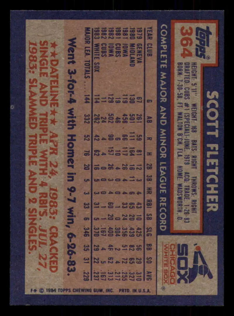 1984 Topps #364 Scott Fletcher EX Excellent Chicago White Sox Baseball Card - Baseball Card Single