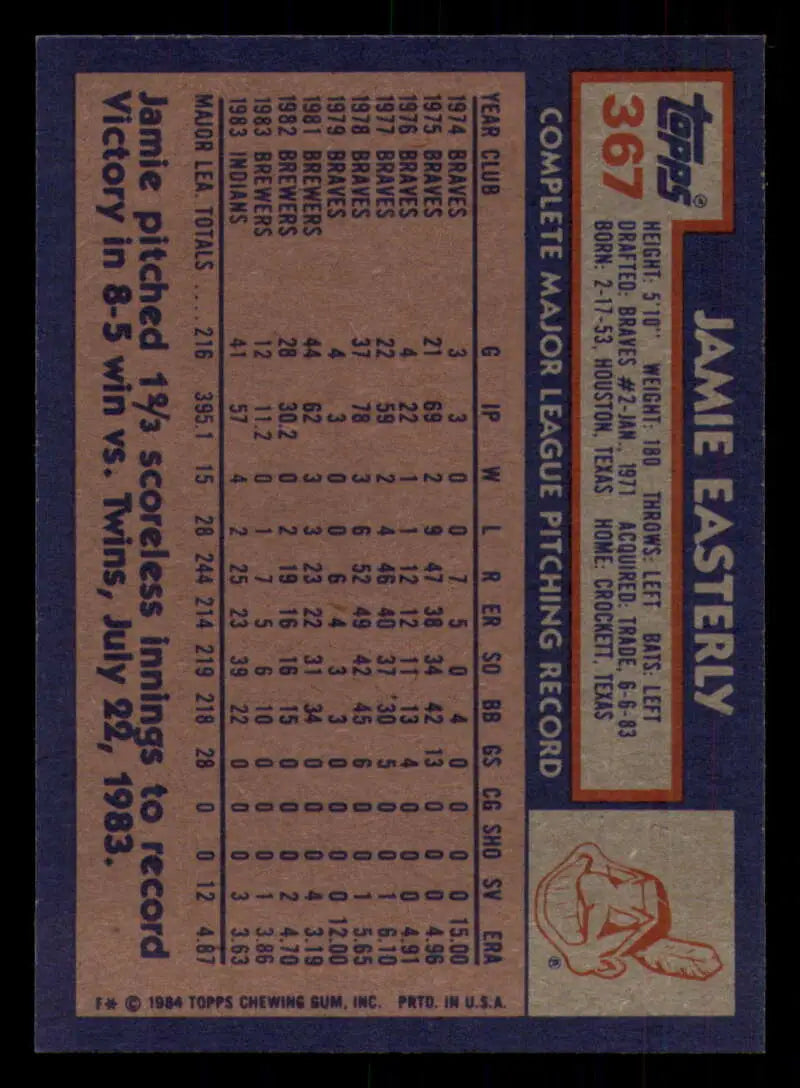 1984 Topps #367 Jamie Easterly EX Excellent Cleveland Indians Baseball Card - Baseball Card Single