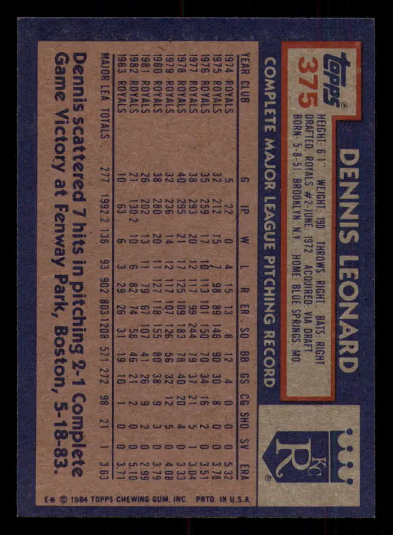 1984 Topps #375 Dennis Leonard EX Excellent Kansas City Royals Baseball Card - Baseball Card Single