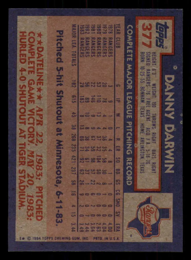 1984 Topps #377 Danny Darwin EX Excellent Texas Rangers Baseball Card - Baseball Card Single