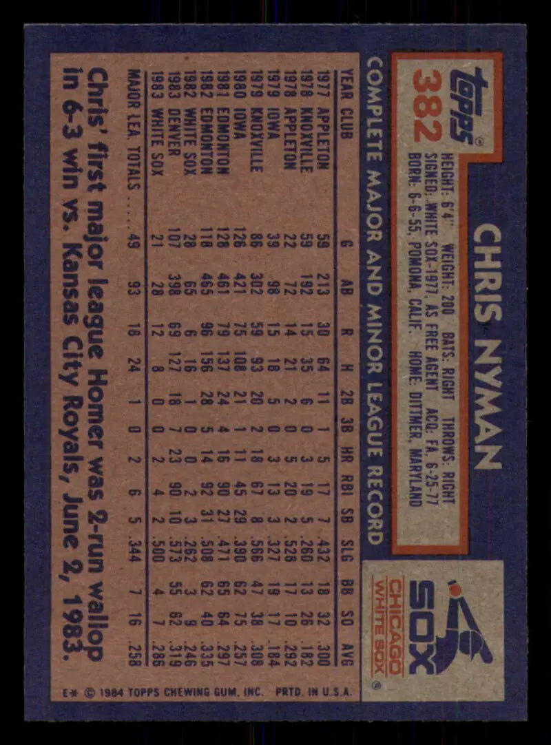 1984 Topps #382 Chris Nyman EX Excellent RC Rookie Chicago White Sox Baseball Card - Baseball Card Single