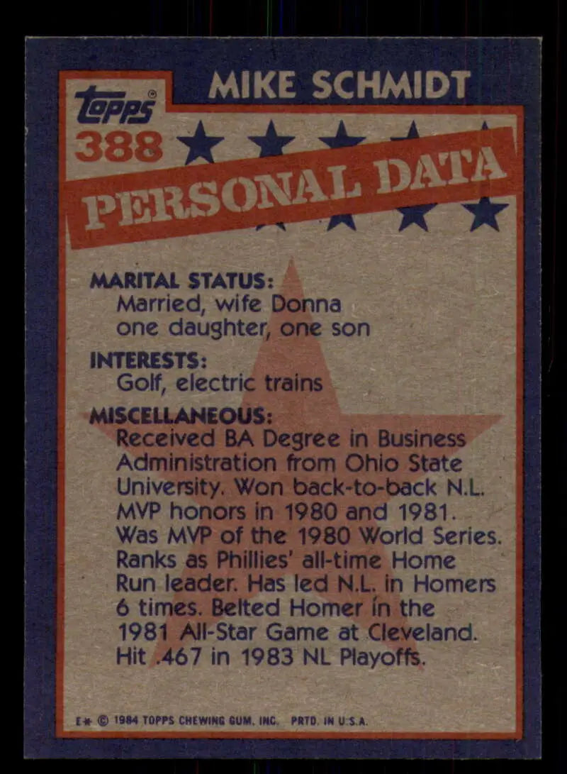 1984 Topps #388 Mike Schmidt EX Excellent Philadelphia Phillies Baseball Card - Baseball Card Single