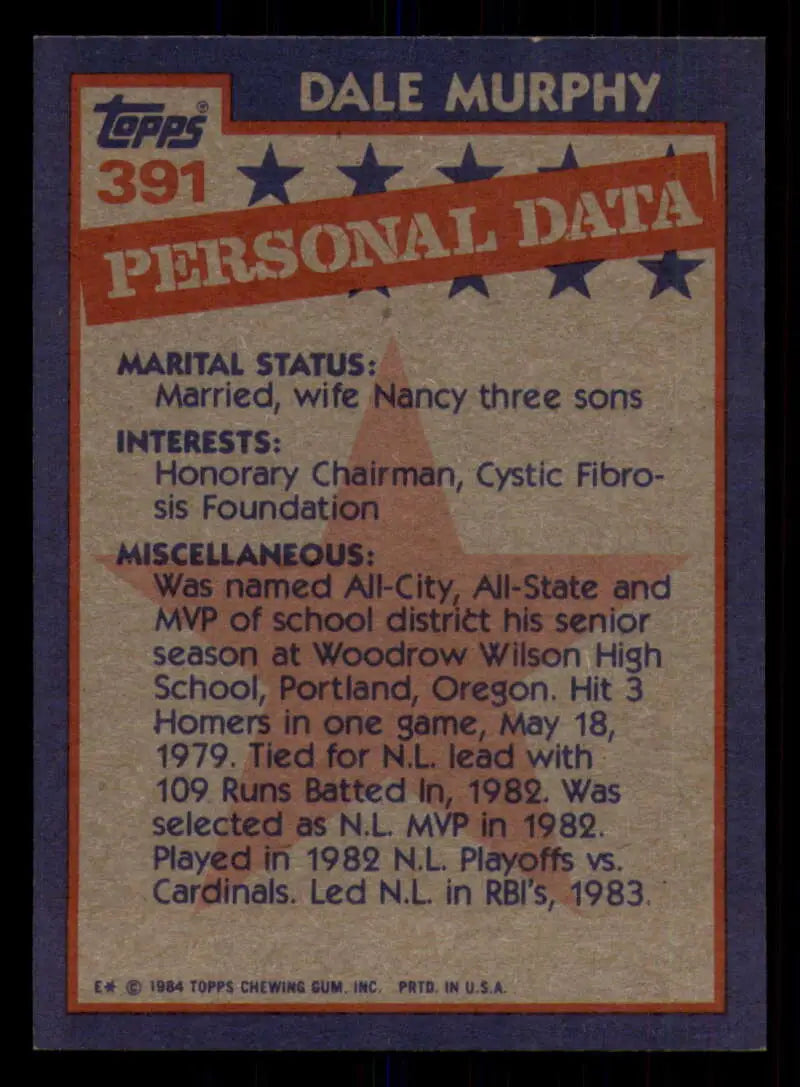 1984 Topps #391 Dale Murphy EX Excellent Atlanta Braves Baseball Card - Baseball Card Single