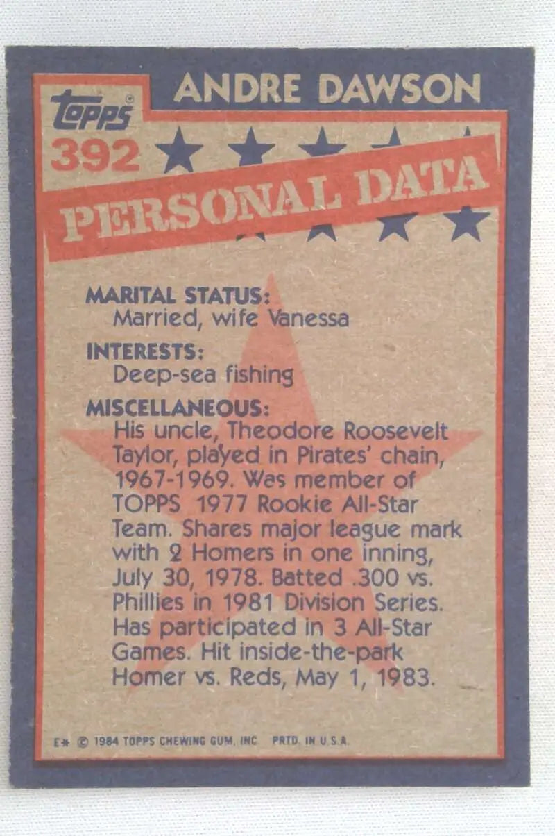 1984 Topps #392 Andre Dawson EX Excellent Montreal Expos Baseball Card - Baseball Card Single