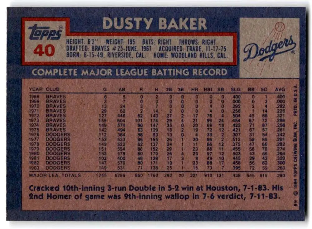 1984 Topps #40 Dusty Baker EX Excellent Los Angeles Dodgers Baseball Card - Baseball Card Single