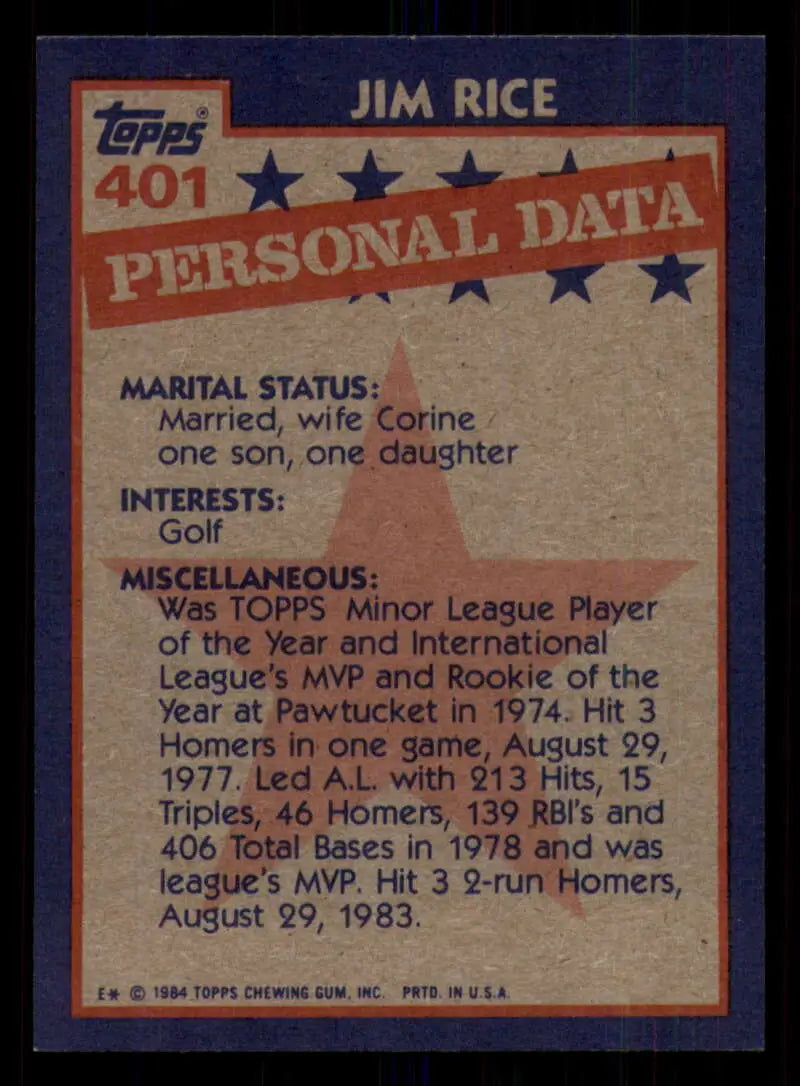 1984 Topps #401 Jim Rice EX Excellent Boston Red Sox Baseball Card - Baseball Card Single