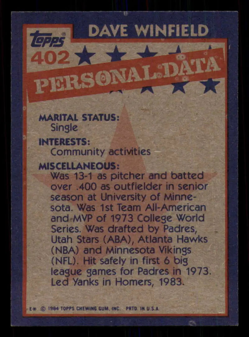 1984 Topps #402 Dave Winfield EX Excellent New York Yankees Baseball Card - Baseball Card Single