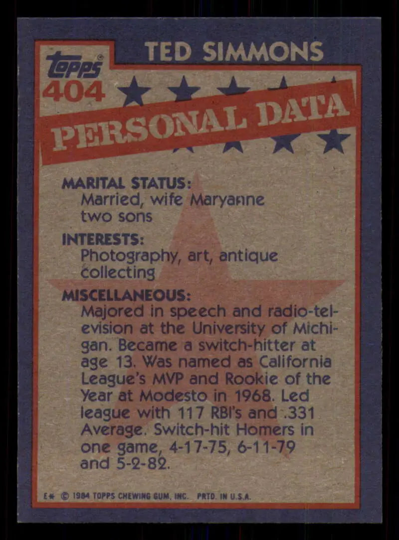 1984 Topps #404 Ted Simmons EX Excellent Milwaukee Brewers Baseball Card - Baseball Card Single