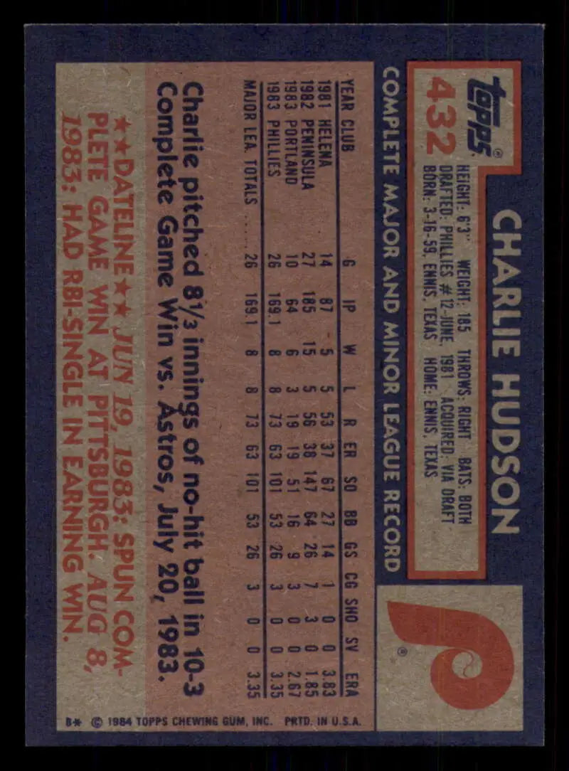 1984 Topps #432 Charles Hudson EX Excellent RC Rookie Philadelphia Phillies Baseball Card - Baseball Card Single