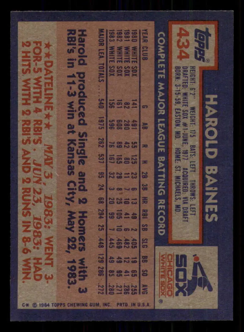 1984 Topps #434 Harold Baines EX Excellent Chicago White Sox Baseball Card - Baseball Card Single