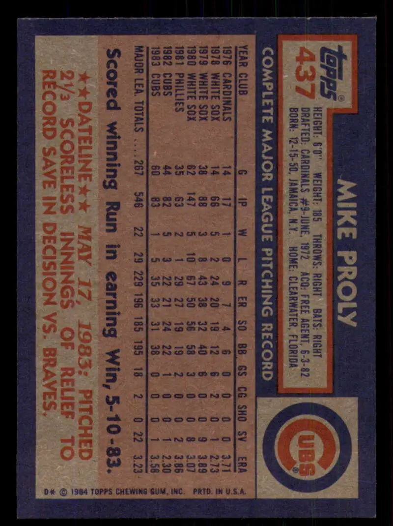 1984 Topps #437 Mike Proly EX Excellent Chicago Cubs Baseball Card - Baseball Card Single