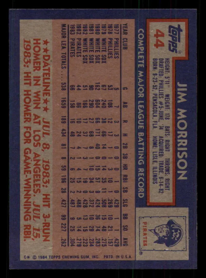 1984 Topps #44 Jim Morrison EX Excellent Pittsburgh Pirates Baseball Card - Baseball Card Single
