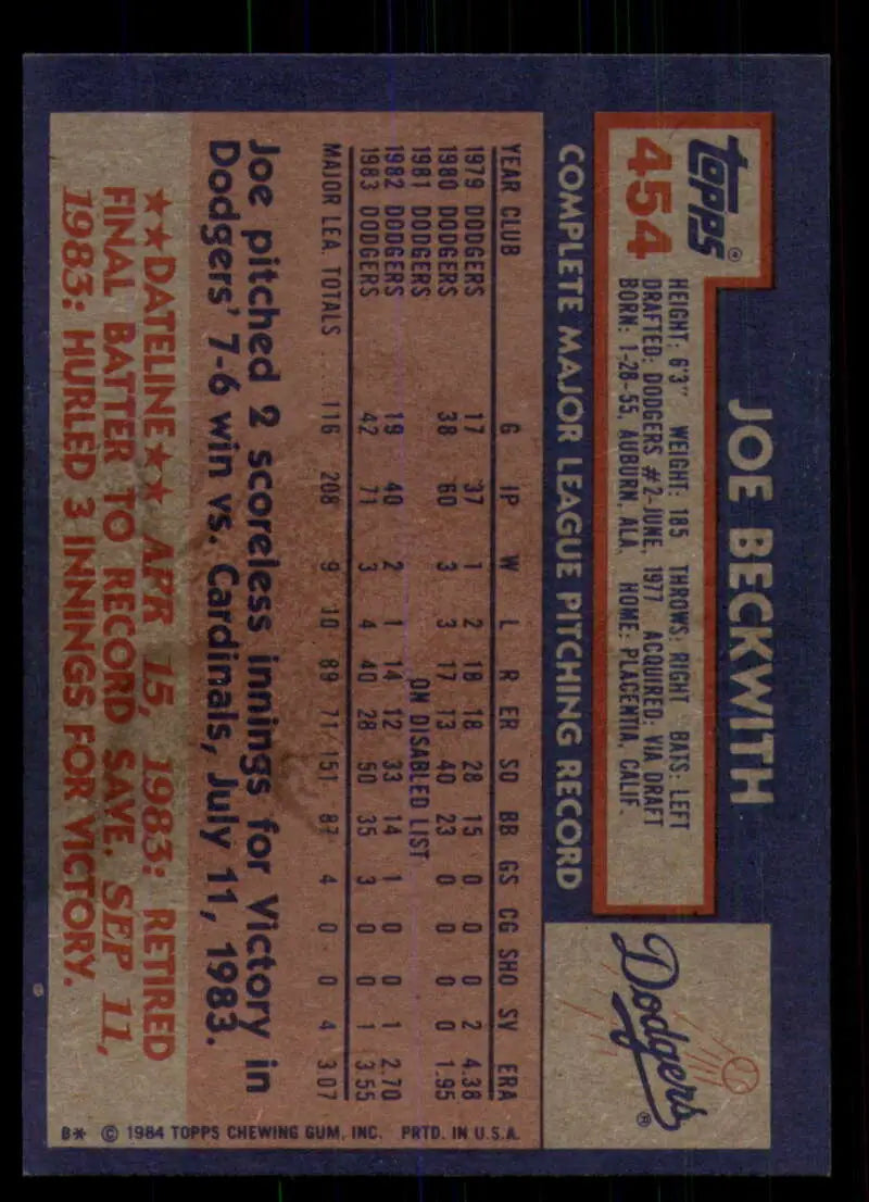 1984 Topps #454 Joe Beckwith EX Excellent Los Angeles Dodgers Baseball Card - Baseball Card Single