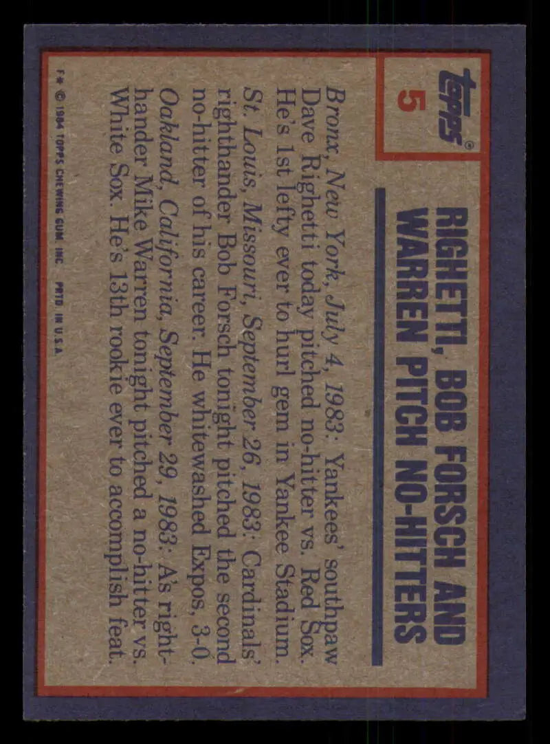 1984 Topps #5 Dave Righetti/Bob Forsch/Dave Warren EX Excellent New York Yankees/St. Louis Cardinals/Oakland Athletics