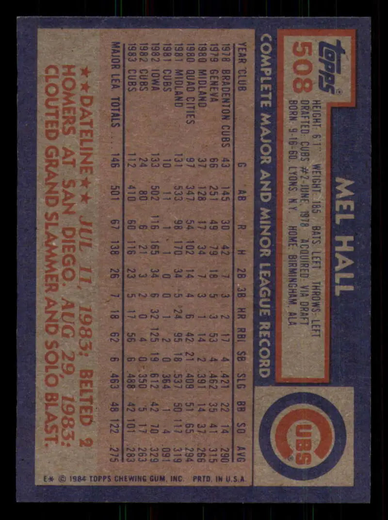 1984 Topps #508 Mel Hall EX Excellent Chicago Cubs Baseball Card - Baseball Card Single
