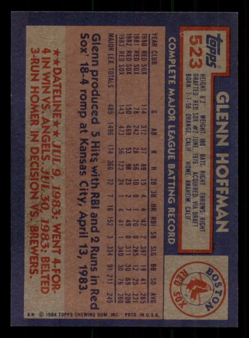 1984 Topps #523 Glenn Hoffman EX Excellent Boston Red Sox Baseball Card - Baseball Card Single