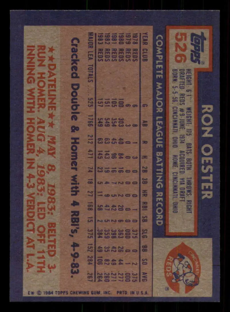 1984 Topps #526 Ron Oester EX Excellent Cincinnati Reds Baseball Card - Baseball Card Single