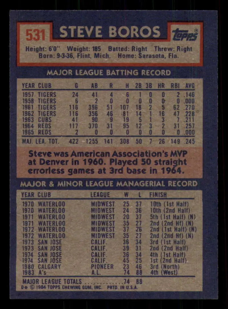 1984 Topps #531 Steve Boros EX Excellent Oakland Athletics Baseball Card - Baseball Card Single
