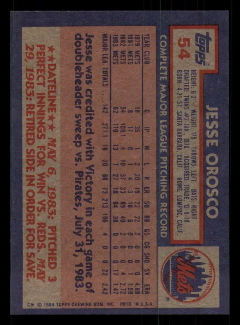 1984 Topps #54 Jesse Orosco EX Excellent New York Mets Baseball Card - Baseball Card Single