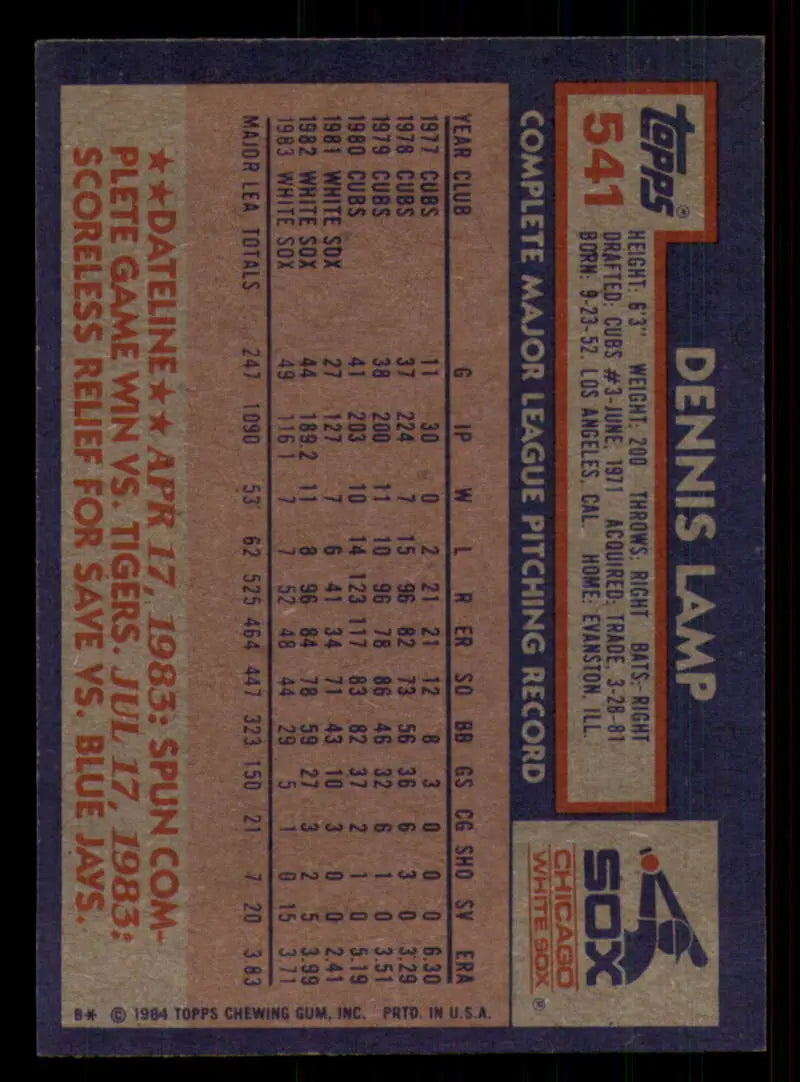 1984 Topps #541 Dennis Lamp EX Excellent Chicago White Sox Baseball Card - Baseball Card Single