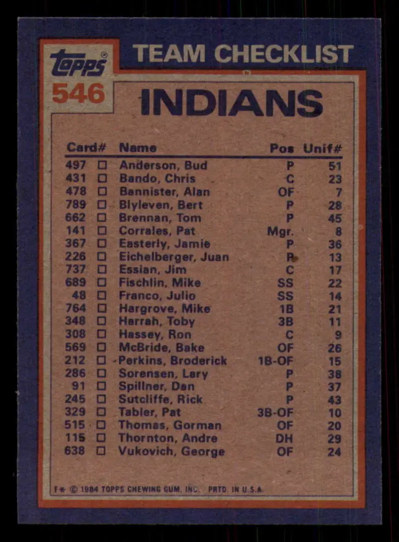 1984 Topps #546 Mike Hargrove/Lary Sorensen EX Excellent Cleveland Indians Baseball Card - Baseball Card Single