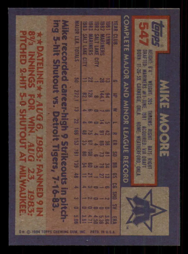 1984 Topps #547 Mike Moore EX Excellent Seattle Mariners Baseball Card - Baseball Card Single