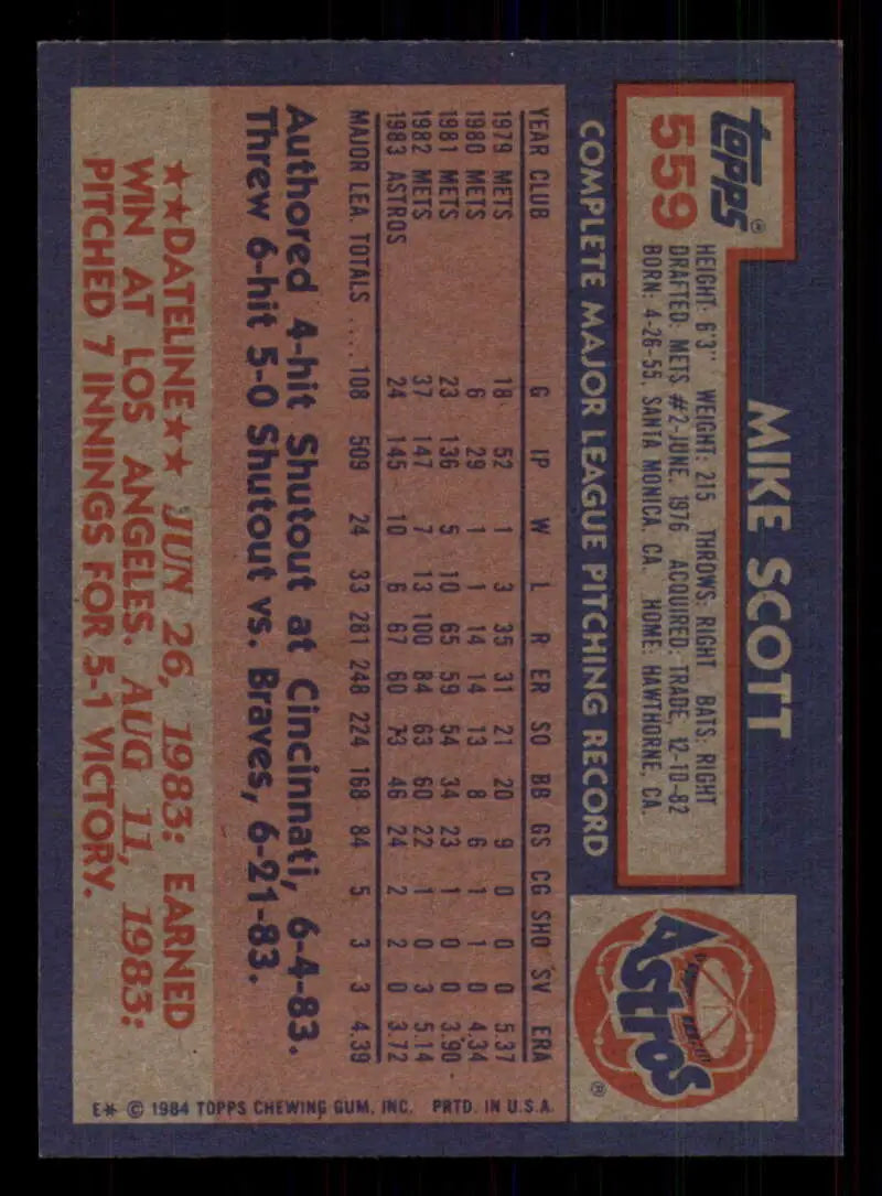 1984 Topps #559 Mike Scott EX Excellent Houston Astros Baseball Card - Baseball Card Single