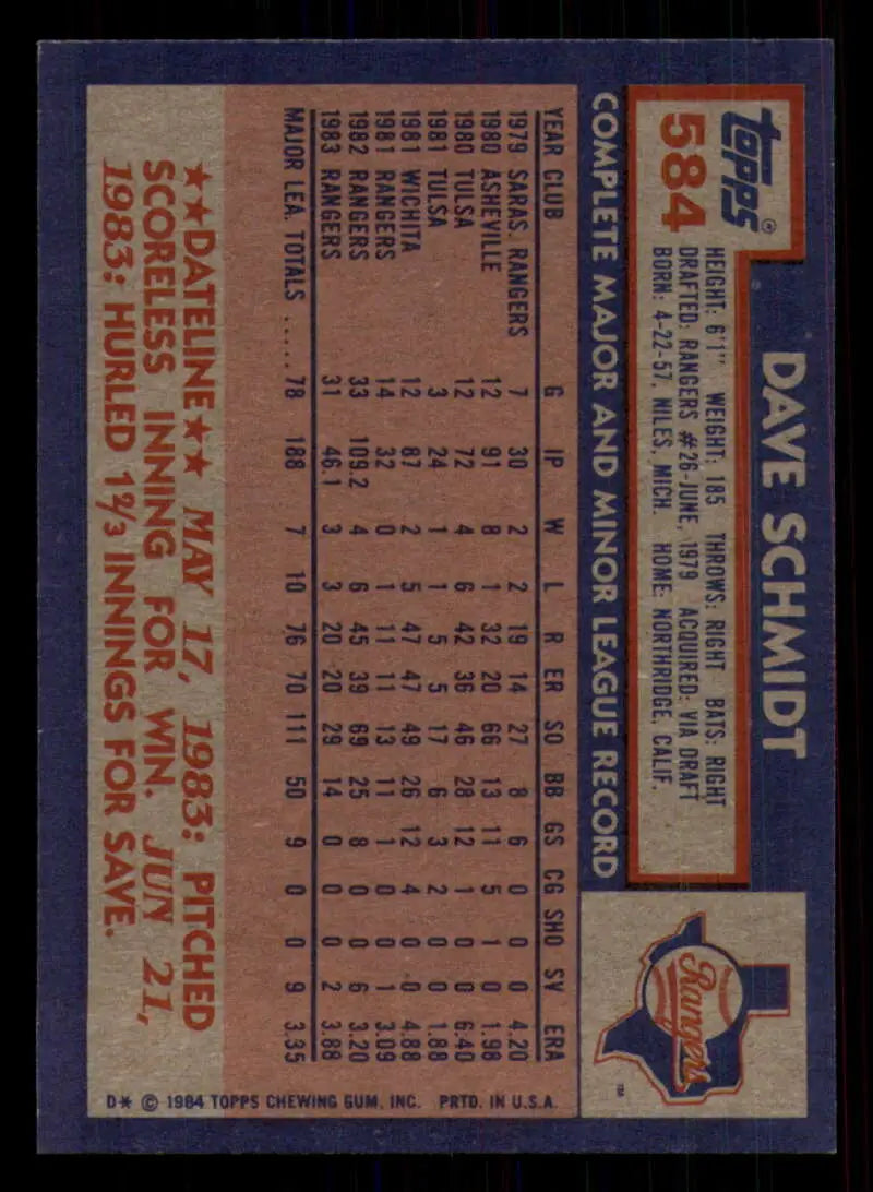 1984 Topps #584 Dave Schmidt EX Excellent Texas Rangers Baseball Card - Baseball Card Single