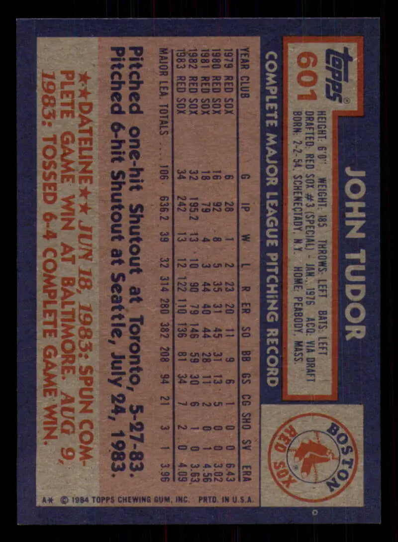 1984 Topps #601 John Tudor EX Excellent Boston Red Sox Baseball Card - Baseball Card Single