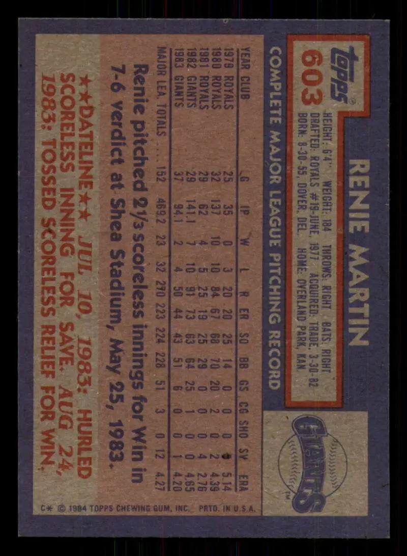 1984 Topps #603 Renie Martin EX Excellent San Francisco Giants Baseball Card - Baseball Card Single