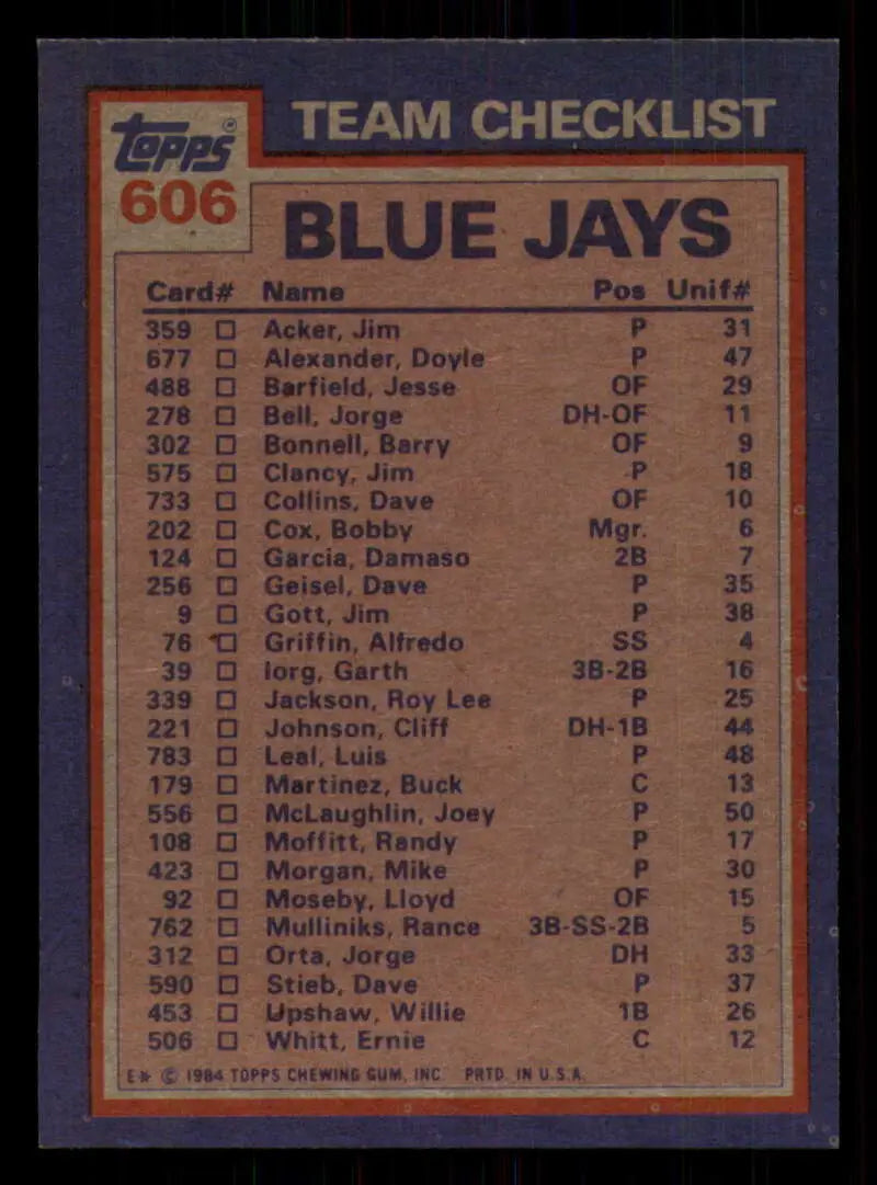 1984 Topps #606 Lloyd Moseby/Dave Stieb EX Excellent Toronto Blue Jays Baseball Card - Baseball Card Single