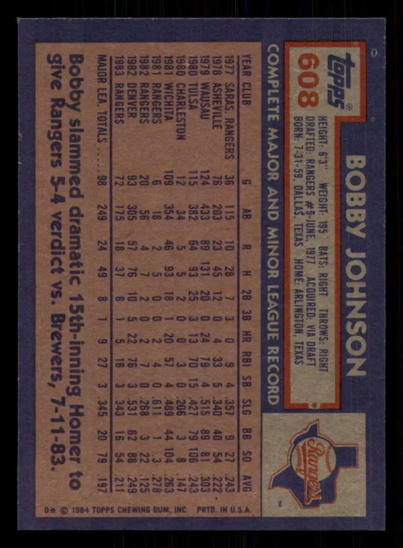 1984 Topps #608 Bobby Johnson EX Excellent Texas Rangers Baseball Card - Baseball Card Single